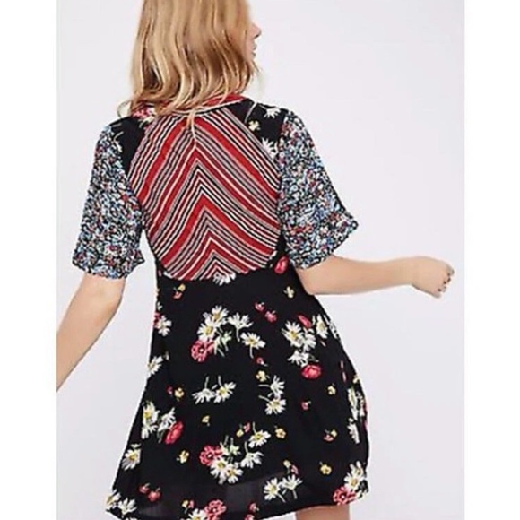 Free People Dress Women Sz 6 Mix It Up Printed Short Floral Striped Multi Boho - Picture 2 of 15